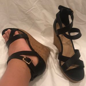 Forever 21 Black Strappy Cork Wedges